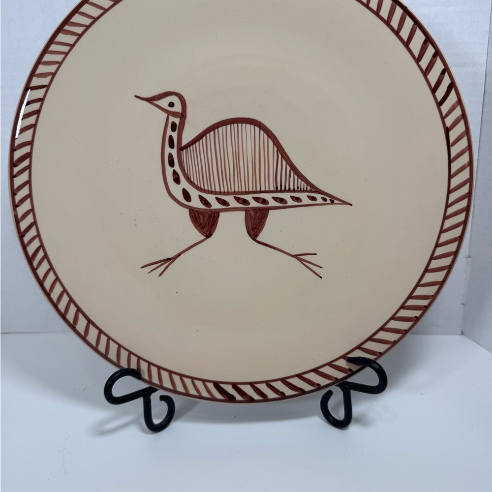 Vintage Wynn Noble Studio Pottery Platter w/ hand painted ostrich design 13 1/2